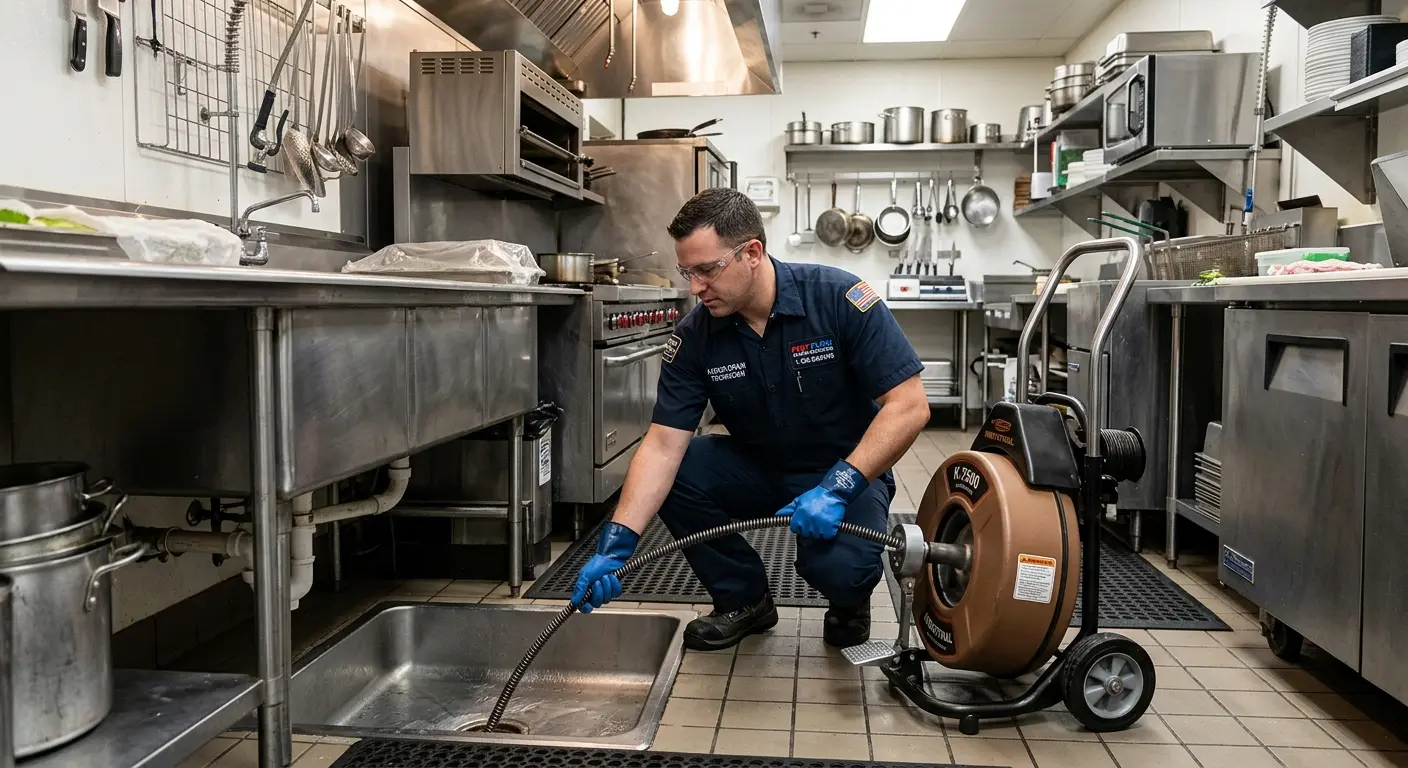 Commercial drain cleaning service in a restaurant kitchen in Oceanside