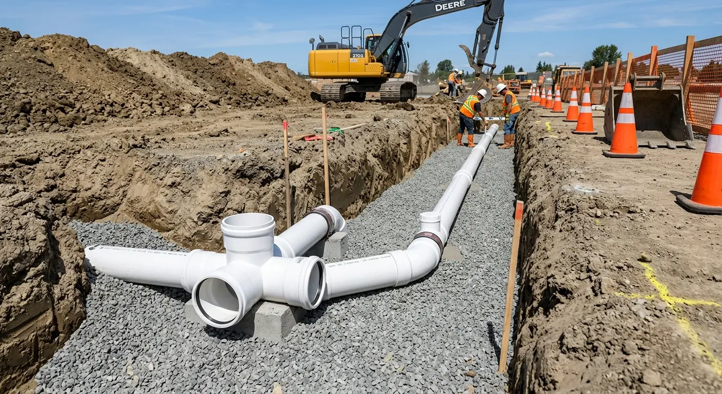 New PVC sewer pipe installation in open trench for Grease Trap Cleaning in Oceanside