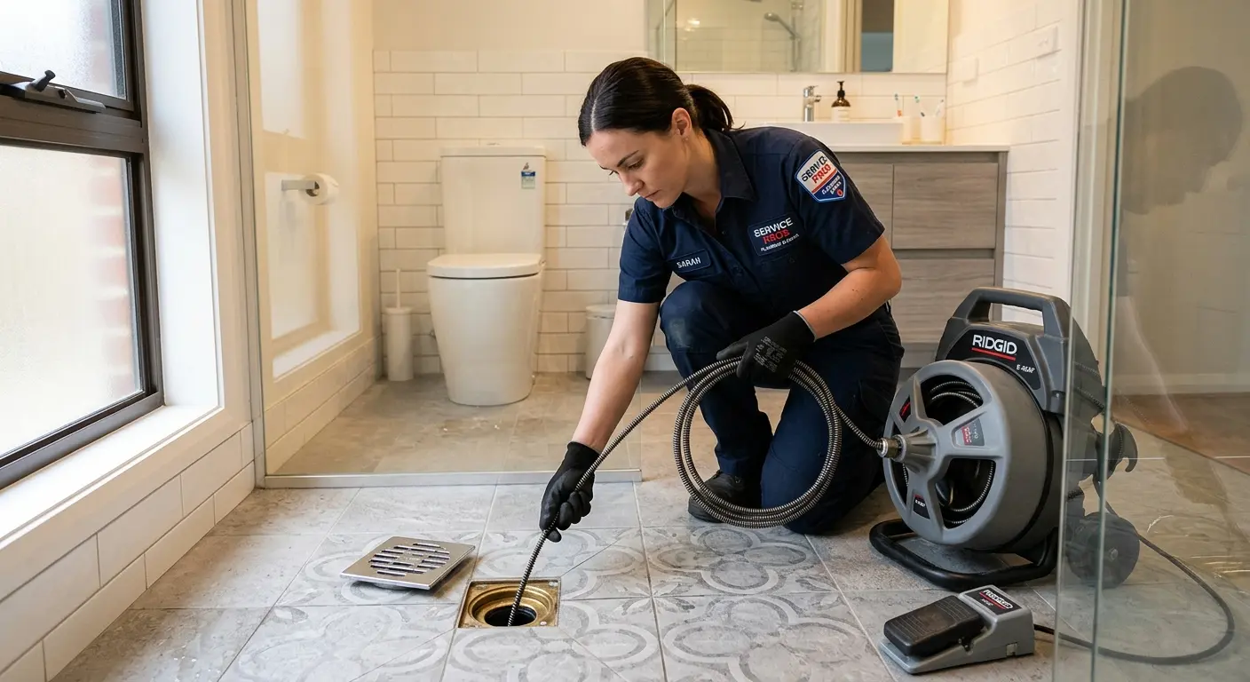 Technician clearing a bathroom floor drain for Clogged Drain Repair in Oceanside